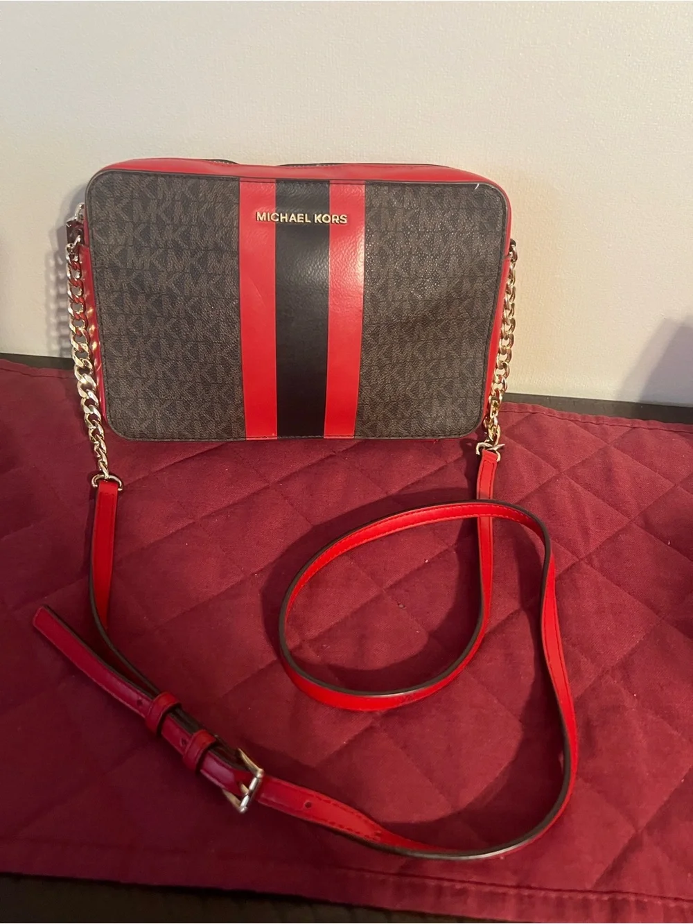 Michael Kors Brown Signature Crossbody with Red and Black Stripe